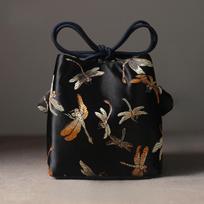 Dragonfly Drawstring Embroidered Pouch Mini Teapot Cup Cotton Protect Cloth Bags  Gift Bag Black L