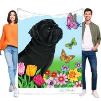 Colorful Black Pug Dog Blanket with Vibrant Flowers and Butterflies, Soft Throw for Bed and Sofa, Blue Sky Background, Perfect f Size: 75*100cm, Weight: 230 GSM