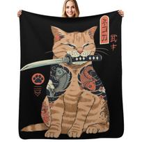 Katana cat vintage Throw Blanket Cozy Napping Blanket Gift for Mom Dad Size: 75*100cm, Weight: 230 GSM