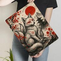 Japoniško stiliaus Kitsune lapės metalo sienos dekoracija su raudono saulės šventykla ir vyšnių žiedų dekoru namams, biurui 30x40cm(11.8x15.7inch) beige