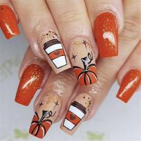 Thanksgiving Press on Nails Artificial Nail Autumn Pumpkin Almond False Nails Stick on Nails for Women Acrylic Manicure 1