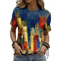 Vibrant Cityscape Women's Tee - Abstract Urban Art Graphic, Colorful Painting Print Design for Casual Daily Wear M