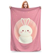 Moon Rabbit Wall Art Cute White Bunny with Pink Moon Blankets Breathable Flannel Sofa Throw Blanket for Home Bedroom Office Size: 75*100cm, Weight: 230 GSM