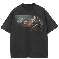 Streetwear BLACK MYTH WUKONG Grafiniai Skalbto juodo medvilniniai unisex marškinėliai Viršūnės Marškinėliai Trumpomis rankovėmis S juoda