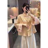Elegant Silk Jacquard Short Jacket & Wide-Leg Pants Women's Two-Piece Set - Chinese Style for All Seasons M