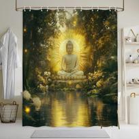 Buddha Garden Bath Curtain - Serene Digital Art of Buddha Statue, Lush Greenery & Flowers,Golden Halo, Calm Pond,Polyester Woven W90xH180cm