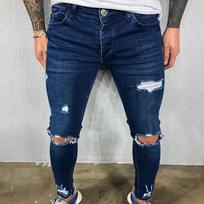 Plačios skylės keliuose, elastingi skinny džinsai vyrams, plėšyti baikerių džinsai, vienspalviai, plauti, gatvės drabužiai, juodi vyriški džinsai, sportinės kelnės S mėlyna
