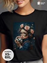 Oversized cotton T-shirt:  Steampunk Girl with a Hedgehog 2XL