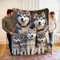 Cozy Husky Dog Family Portrait Blanket Throw Plush Winter Gift Cute Puppy Pet Bed Decoration Home Decor for Dog Lovers Friends Size: 75*100cm, Weight: 230 GSM