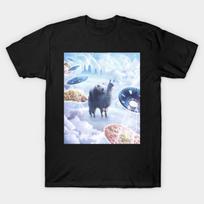 Asian Size Men Black Print T-shirt Space Panda Riding Llama Unicorn - Pizza & Taco No-Cut Print Cotton Tshirt S juoda
