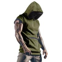Summer Men's Sleeveless Hooded T-shirt Solid Color Sprots Tank Tops Casual Outdoor Fitness Vest Pocket Male Tees M žalia