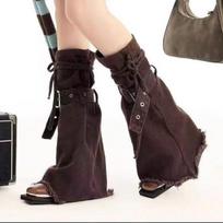 Brown Denim Flare Leg Warmers Women Teens Unisex Mid-Calf Sock Covers Soft Rayon Stretch Fit Trendy Streetwear Brown Denim Leg Warmers