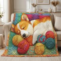 1PC Cute Corgi Napping with Yarn Balls Thick Flannel Blanket, Soft Warm Throw, Ideal Gift for Adults Size: 75*100cm, Weight: 230 GSM