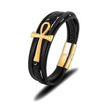Paprasta Klasikinė Kryžiaus Egipto Ankh Gyvybės Simbolis Senovinė Daugiasluoksnė Odinė Apyrankė Vyrams 316L Magnetinis Užsegimas Apyrankė 19cm auksas