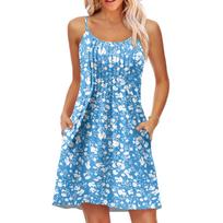 Fashion Women Summer Dress Vintage Floral Print Adjustable Spaghetti Straps Beach Vacation Casual Dress With Pockets M mėlyna