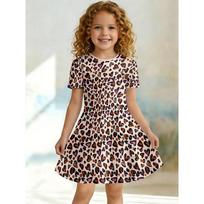 Women's Leopard Print and Pink Heart-shaped Printed T-shirt Dress, Children's Casual A-line Dress Suitable for Birthday Gifts 150 beige