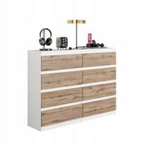 Komoda wysoka 8 szuflad, 120 cm biały mat/ dąb wotan, do salonu, sypialni