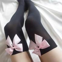 Big Pink Bowknot Lovely Thigh High Knee Sexy Stockings Girls Sweet Lace Over Knee Stockings Ladies Sexy Lingerie Stockings One Size