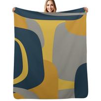 Mid Century Modern Retro Abstract Pattern in Navy Blue, Mustard Yellow, and Gray Throw Blanket Baby Extra Large Throw Blankets Size: 75*100cm, Weight: 230 GSM