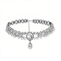 Stylish Simulated Pearl Sparkling Beaded Choker Necklace Waterdrop Flower Tassel Silver Tone Women Daily Party Wedding Jewelry