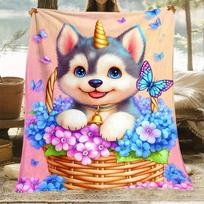 Cute Unicorn Husky Puppy in Flower Basket Blanket Soft Flannel Throw Home Decor Art Print Pet Lover Gift Kids Room Decor Size: 75*100cm, Weight: 230 GSM