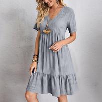 Women's  Color Casual Fashion V-neck Short Sleeved Dress XXL
