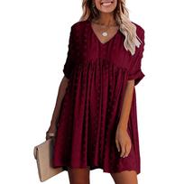 Women's Casual High Waist Dot Mesh V-Neck Color Short Sleeve Dress S raudona