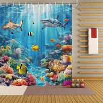 Vibrant Underwater Marine Life Shower Curtain - Sharks, Coral Reef,Colorful Corals,Striped Fish, Polyester,Majestic Shark Design W60H190(CM)-1 Pcs