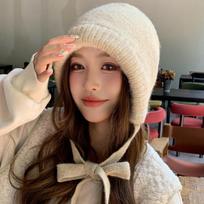 Korean Solid Color Winter Balaclava Hat Outdoor Cold Ear Protection Cycling Windproof Lace-Up Knitted Beanie Cap smėlis