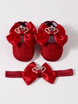 Baby Girls Satin Bow Rhinestone Crown Crib Shoes & Matching Elastic Headband Set, Soft Dot Anti-Slip Lace Mary Jane Princess Shoes Newborn Shoes 11