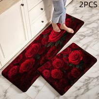 1Pcs Red Rose Kitchen Rug Set, Floral Flower Pattern Anti Slip Mat, Soft Washable Floor Runner Rug, Indoor Kitchen Carpet, Home Entrance Decoration 40*60cm