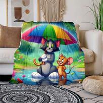 Tom & Jerry Rainbow Umbrella Phone WallpaperBlanket Flannel Throw Blanket for Sofa, Bed, Travel, Camping, Office 100x150cm