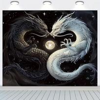 2D Majestic Dual Dragon Tapestry Yin Yang Starry Night Fantasy Zen Wall Decor Background 47.2x31.5inch/120*80cm gray