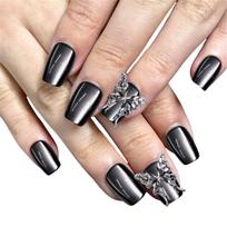 10Pieces Square Shape Press On Nail with 3D Butterfly Glossy Metallic Gray Medium Length Faux Nail for Fashion Lover S