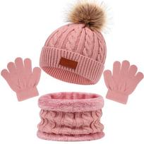 3pcs/set Cute Pompom Toddler Bonnet Comfortable Knitted Hats  Kids Boys Girls tamsiai rausva spalva
