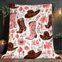 Cowboy Boots and Hat Print Throw Blanket for Sofa, Bed, Office, Travel, Camping, and Cozy Home Gift Size: 75*100cm, Weight: 230 GSM