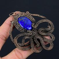 Octopus Shape Lapis Lazuli Gemstone Pure Copper Wire Wrapped Handmade Pendant Jewelry Gift For Her 3.54 Inches mėlyna