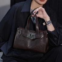 Top Layer Cowhide High-end Tote Bag, New Genuine Leather Kelly Bag, Niche Single Shoulder Crossbody Bag for Women 27*18*12cm tamsiai ruda spalva