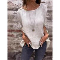 Women's Linen Crew Neck Loose Blouse Casual Short Sleeve Summer Tunic Top S balta