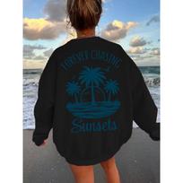 Unisex Spring Autumn Fashion Casual [Resort Style-Palm Tree] Series Letter Palm Tree Pattern Print Easy Versatile Round Neck Long Sleeve Sweatshirt 110 juoda