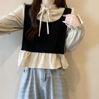 Large Size Women's Spring Lace Up Fake Two-piece Patchwork Shirt Long Sleeved Top M juoda