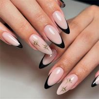24 Pieces Almond French Tip False Nail With Glossy Finish And Golden Star Designs Stick on Nail for Party or Daily 1