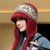 Fair Island Style Retro Knitted Wool Hat FallSeason and ColdSeason Plus Velvet Thickened Warm Ear Protection Hat Versatile Big Head Surround Lei One Size