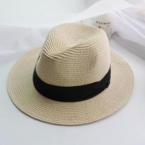 Women Summer Straw Hat Fashion Beach Cowboy Jazz Cap Black Ribbon Female Panama Sun Protection Hat smėlis