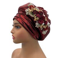 Nigeria Turbans for Traditional Marriage Turban Hat Femme African Headtie Bouquet Bonnet Head Wraps Headwear vyno raudonos spalvos
