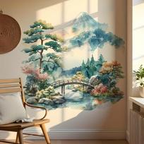 Watercolor Mount Fuji Wall Sticker Japanese Zen Living Room Bedroom Self Adhesive Waterproof 40x59cm įvairiaspalvis