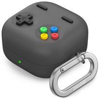 Retro Game Silicone Case for Galaxy Buds4 Buds4 Pro Shockproof Cover with Carabiner tamsiai pilka spalva