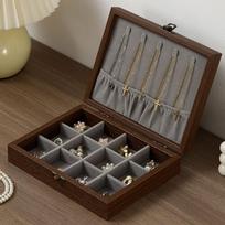 Hinged Lid Glass Lid Velvet Lined Walnut Wood Wood Jewelry Box  Necklaces Storage 1-Beige