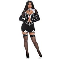 Women Halloween Nun Costume Sexy Black Pu Leather Hollow Nun Cosplay Outfit Tops With Skirts Carnival Party Rolepaly Dress Up One Size