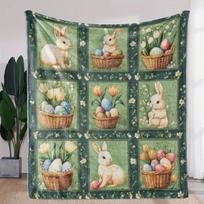 Easter Bunny Tulip Floral Egg Print Flannel Blanket, Soft Cozy Throw for Sofa Bed Car Office Camping Travel, Pastel Spring Gift Size: 75*100cm, Weight: 230 GSM